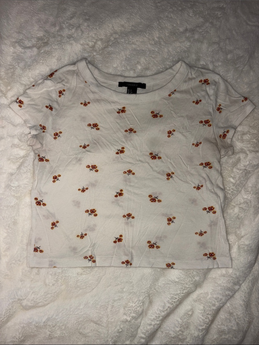Forever 21 White Crop Top with Small Orange Floral Print